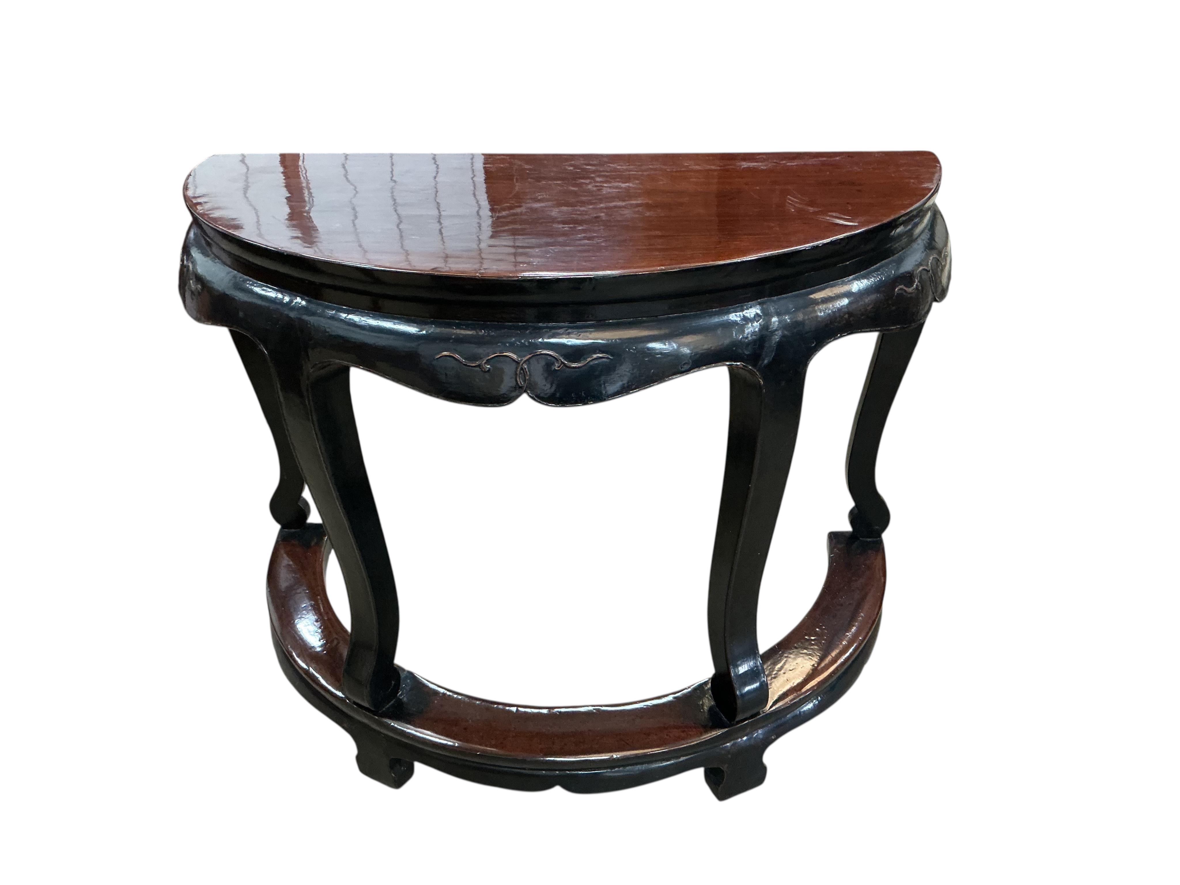 A pair of Chinese demi lune side tables, width 109cm, depth 56cm, height 84cm